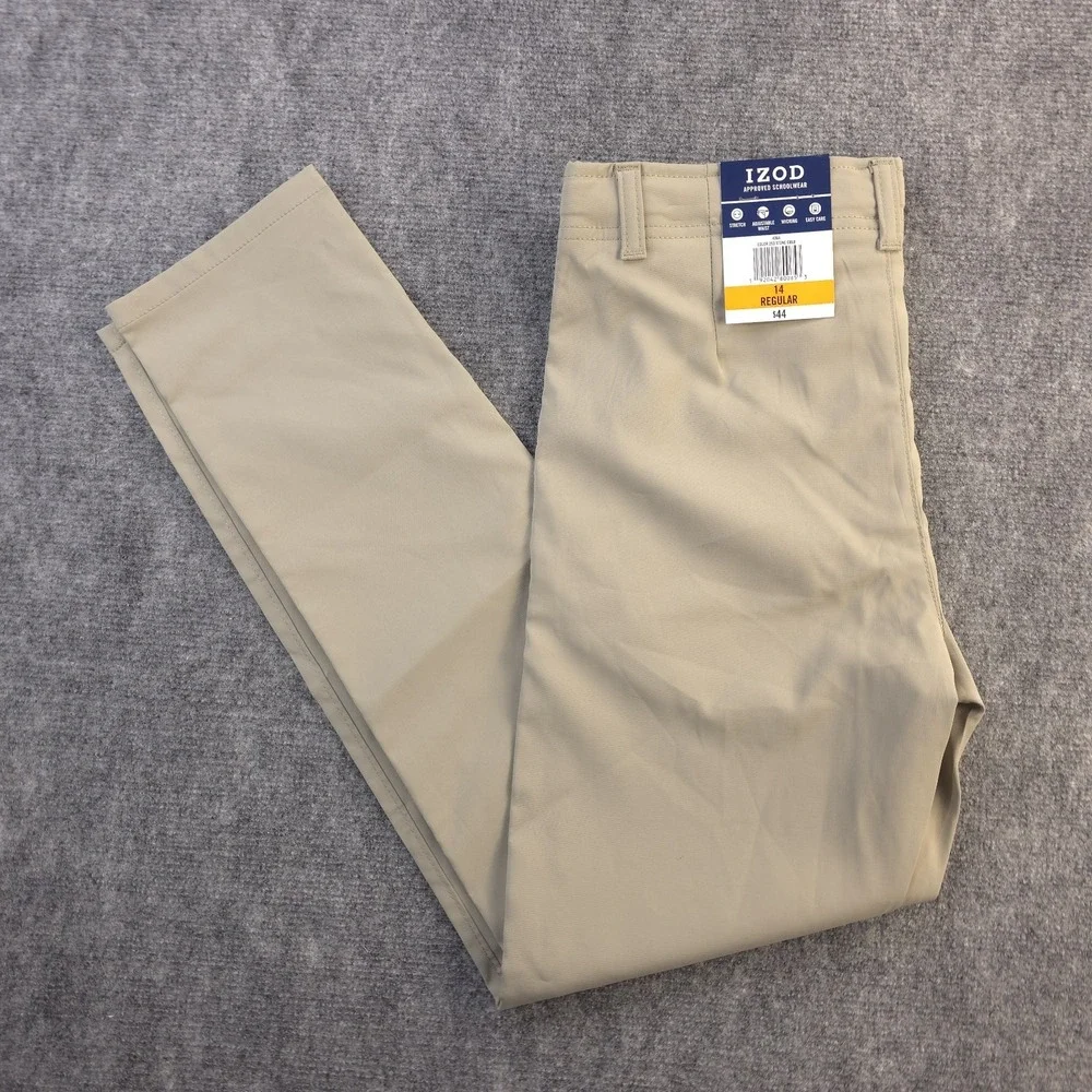 New Izod Pants Kids 14 Approved Schoolwear Beige Solid 28x27 Polyester Stretch
